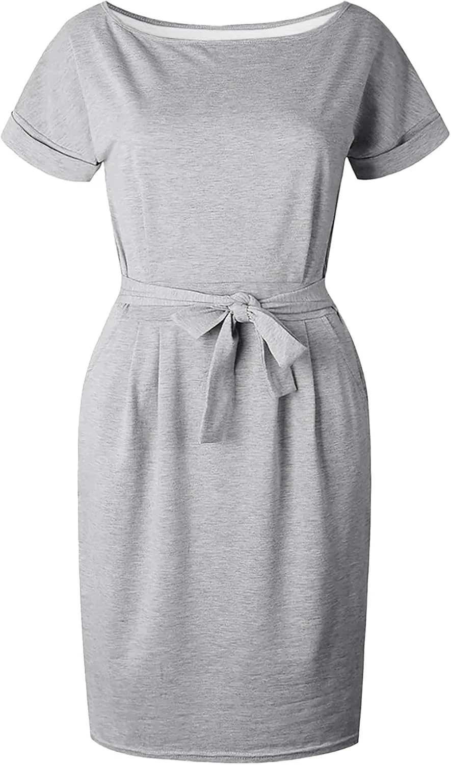 Summer Work Casual T-Shirt Dress for Women Bodycon Belted Midi Dress with Tie Waist & Pockets Business Dresses