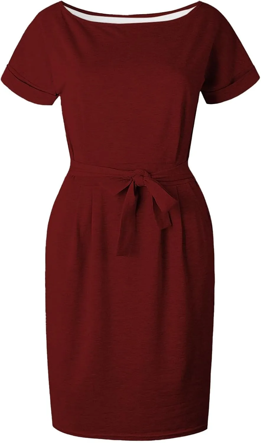 Summer Work Casual T-Shirt Dress for Women Bodycon Belted Midi Dress with Tie Waist & Pockets Business Dresses