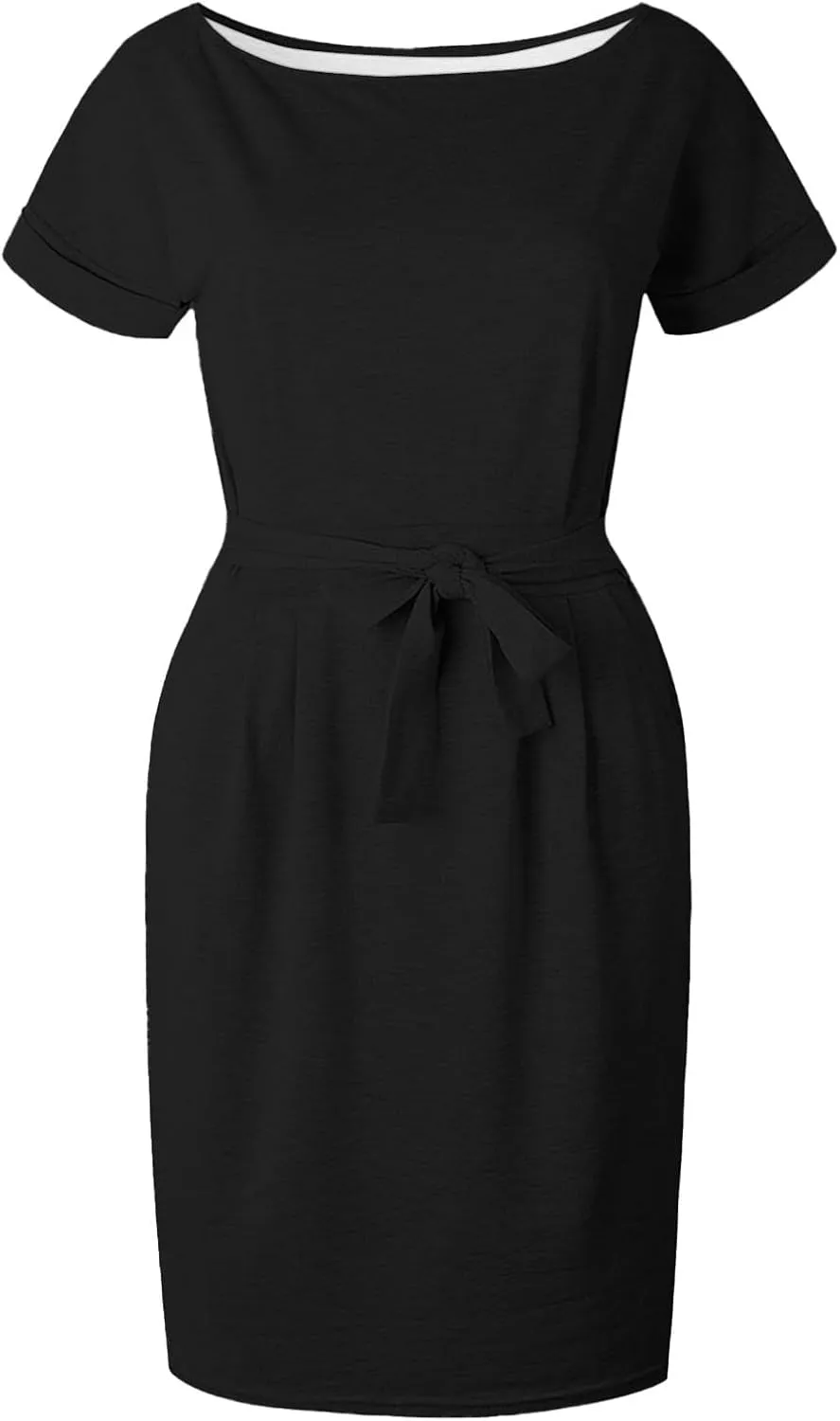 Summer Work Casual T-Shirt Dress for Women Bodycon Belted Midi Dress with Tie Waist & Pockets Business Dresses