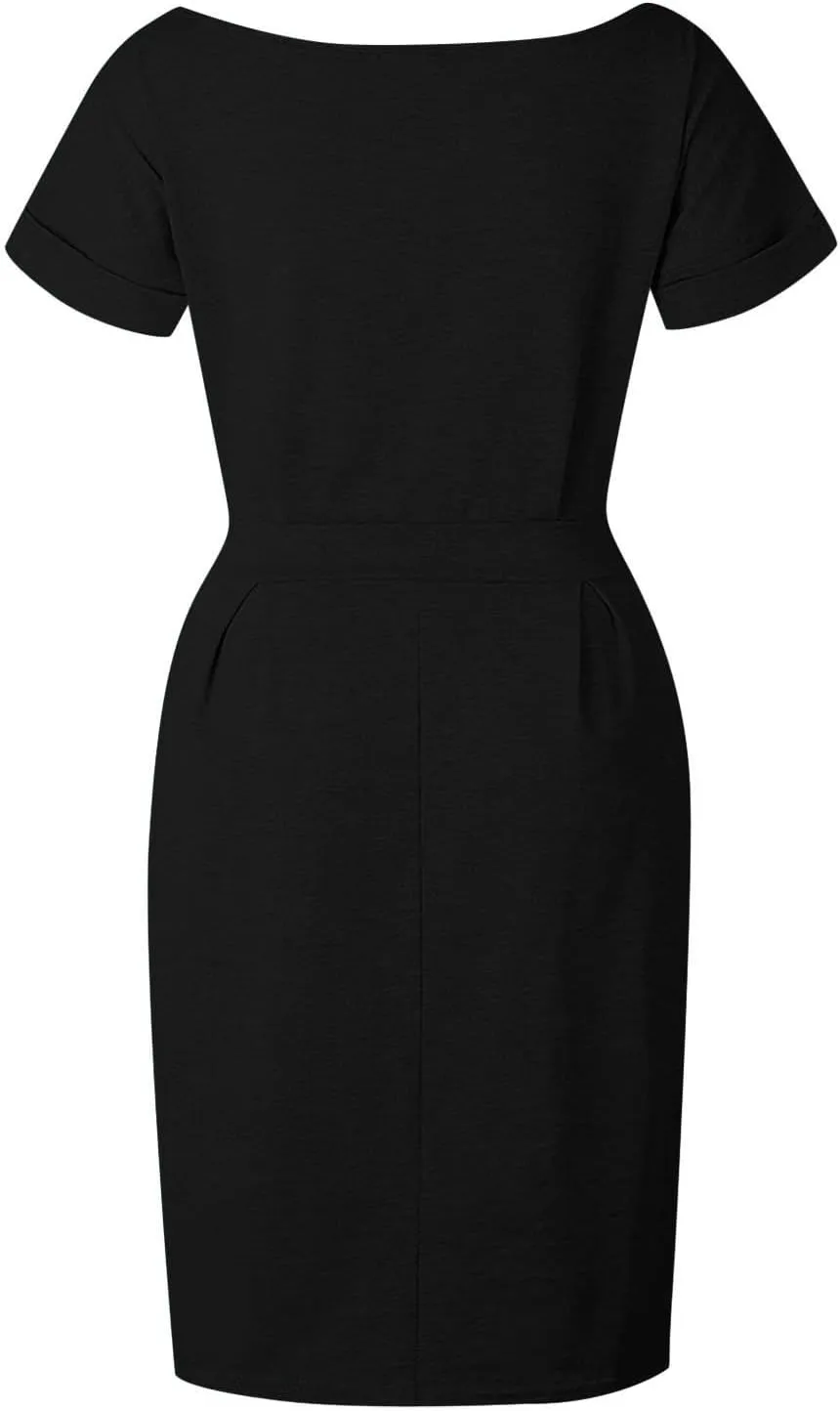 Summer Work Casual T-Shirt Dress for Women Bodycon Belted Midi Dress with Tie Waist & Pockets Business Dresses