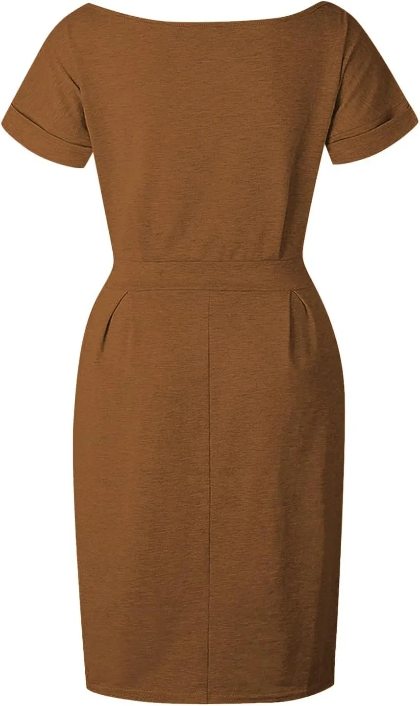 Summer Work Casual T-Shirt Dress for Women Bodycon Belted Midi Dress with Tie Waist & Pockets Business Dresses