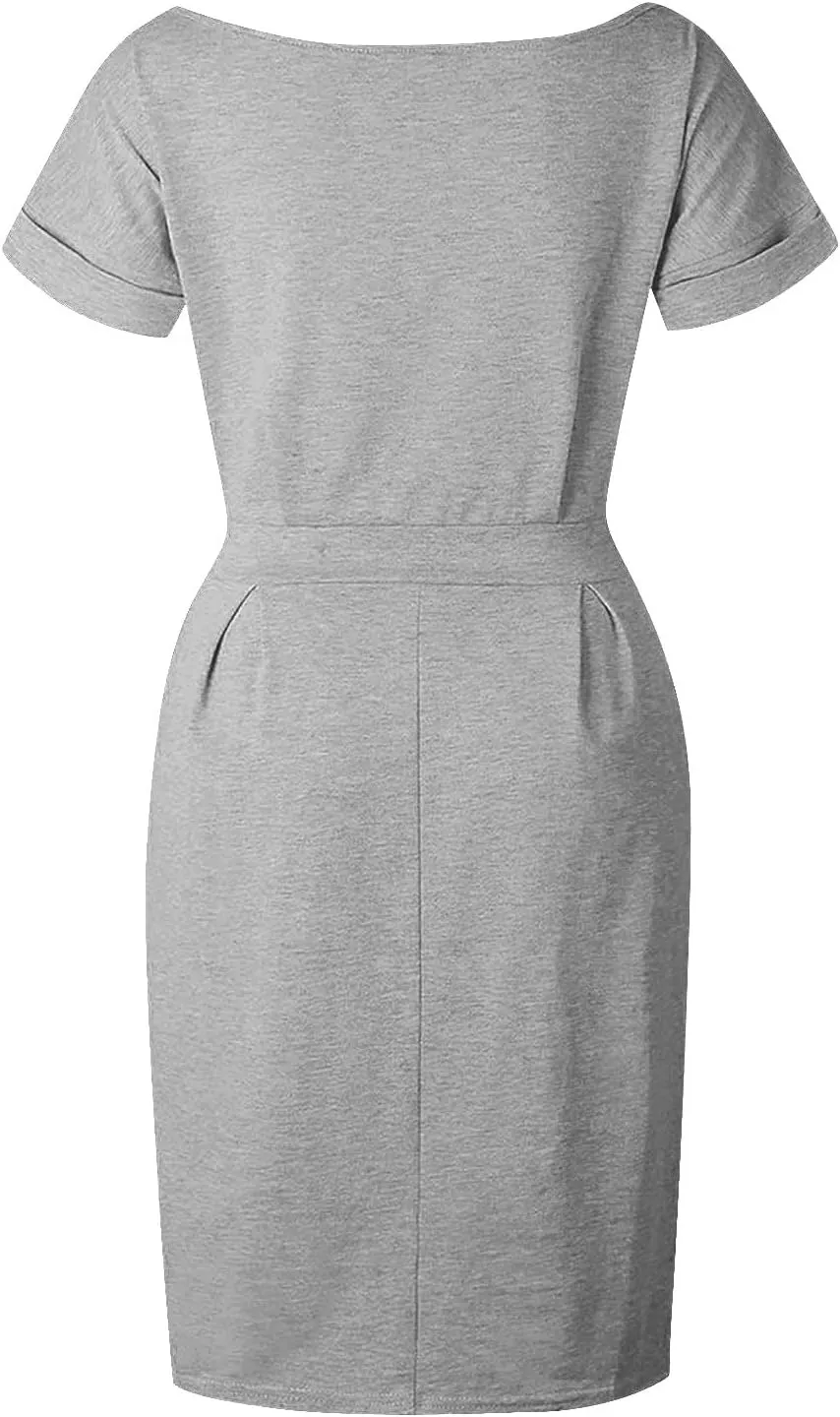 Summer Work Casual T-Shirt Dress for Women Bodycon Belted Midi Dress with Tie Waist & Pockets Business Dresses