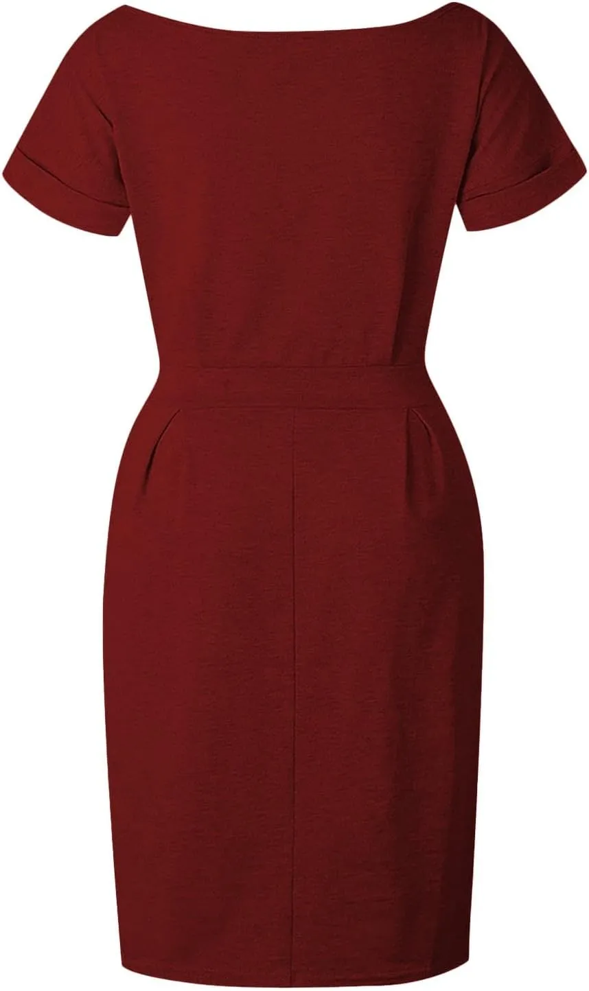 Summer Work Casual T-Shirt Dress for Women Bodycon Belted Midi Dress with Tie Waist & Pockets Business Dresses