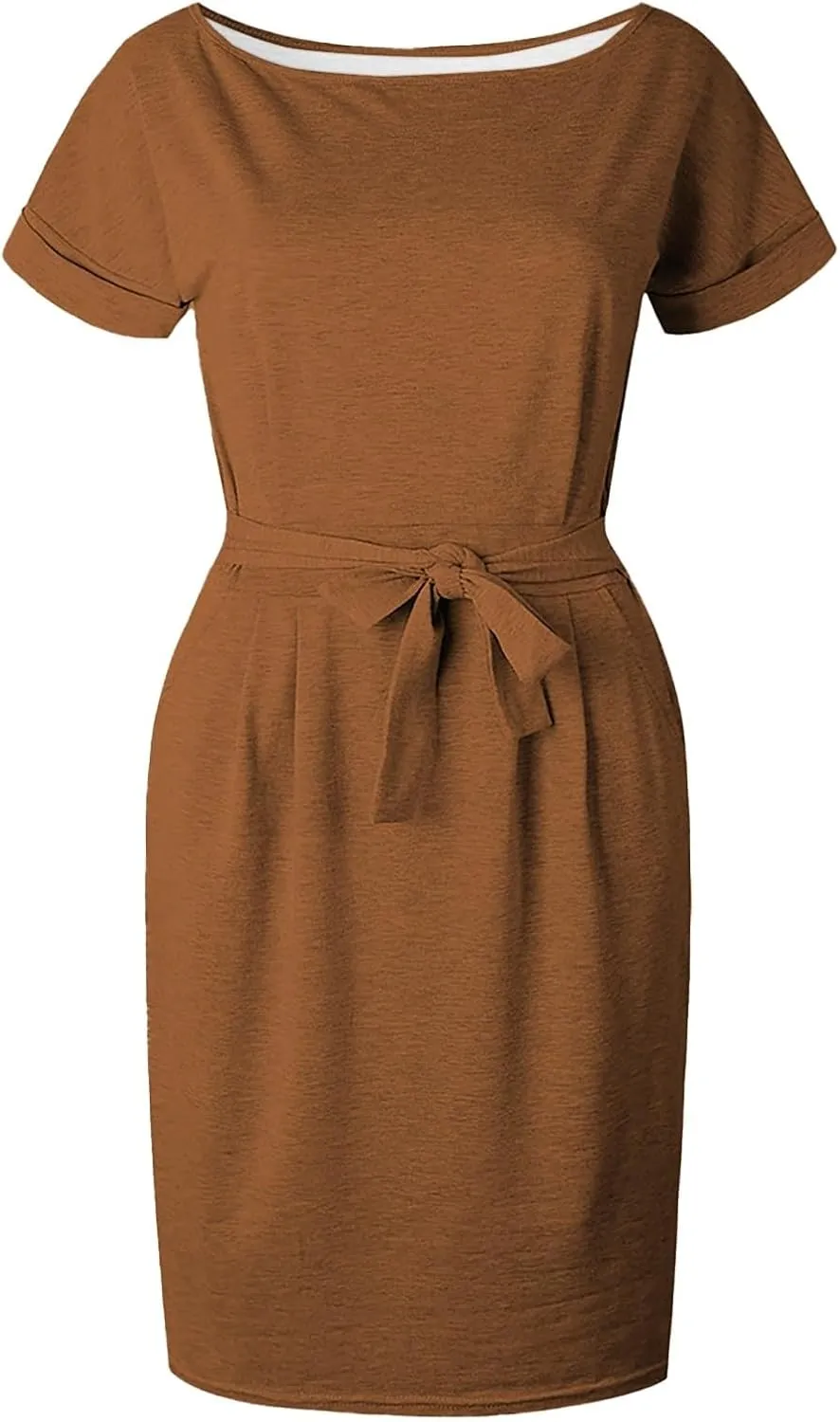 Summer Work Casual T-Shirt Dress for Women Bodycon Belted Midi Dress with Tie Waist & Pockets Business Dresses