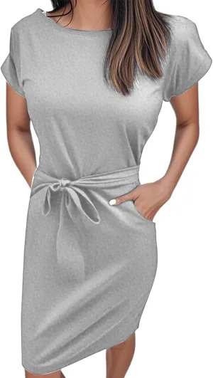 Summer Work Casual T-Shirt Dress for Women Bodycon Belted Midi Dress with Tie Waist & Pockets Business Dresses