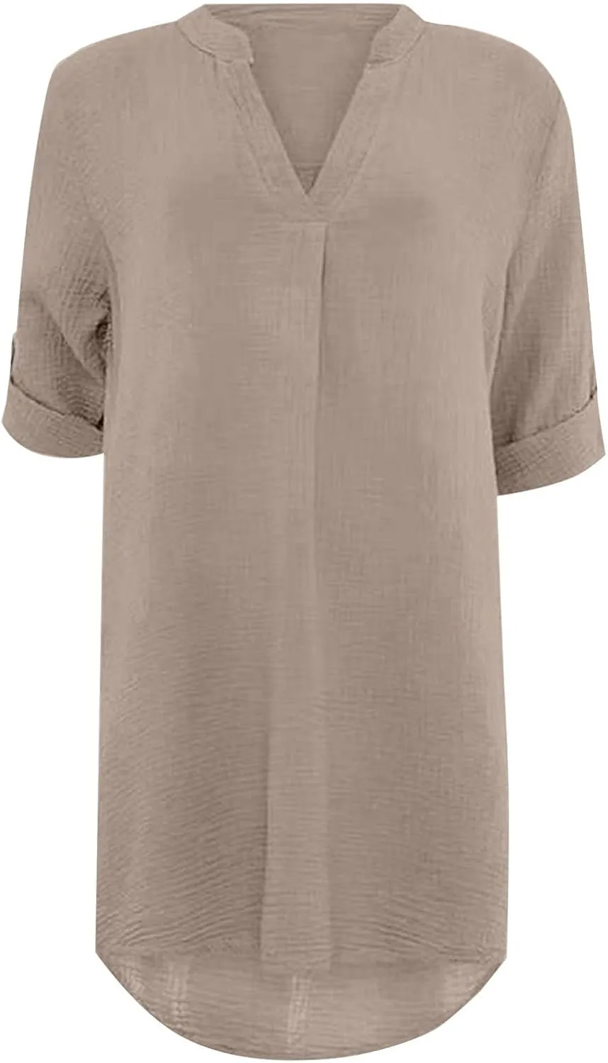 T Shirt Dresses for Women 2024 Casual Summer Roll Up 3/4 Sleeve T Shirt Dress V Neck Loose Pure