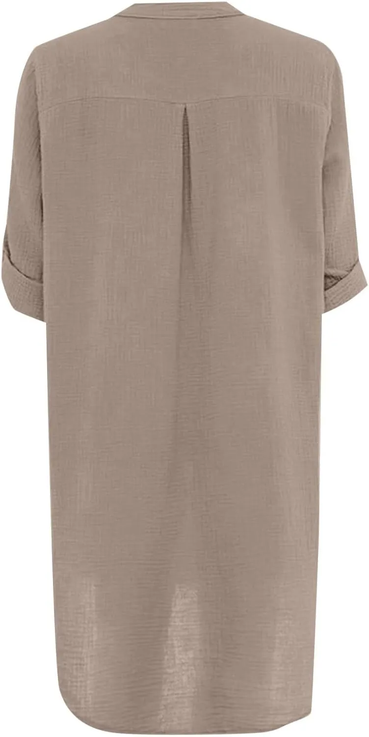 T Shirt Dresses for Women 2024 Casual Summer Roll Up 3/4 Sleeve T Shirt Dress V Neck Loose Pure