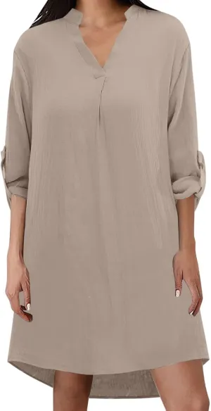 T Shirt Dresses for Women 2024 Casual Summer Roll Up 3/4 Sleeve T Shirt Dress V Neck Loose Pure