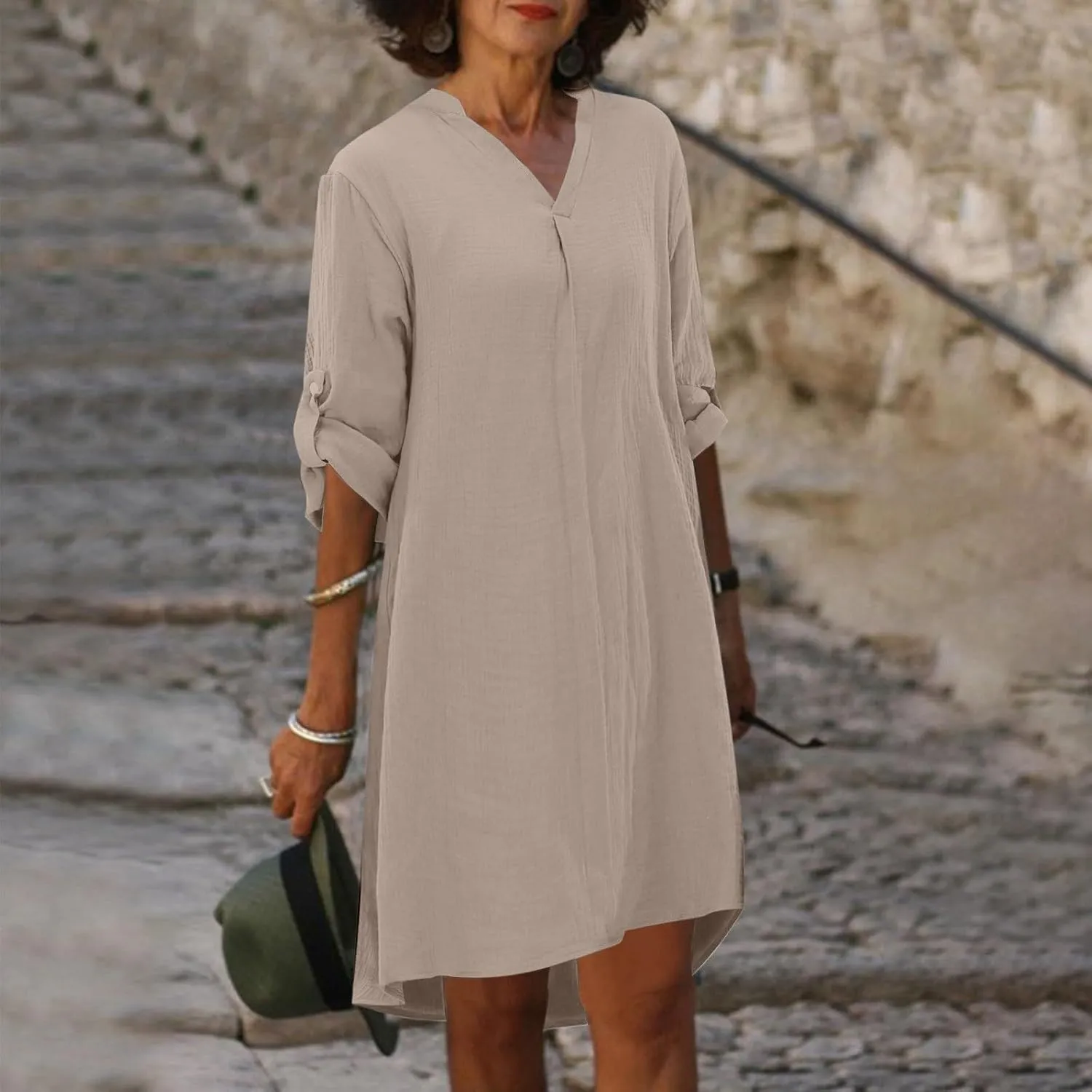 T Shirt Dresses for Women 2024 Casual Summer Roll Up 3/4 Sleeve T Shirt Dress V Neck Loose Pure