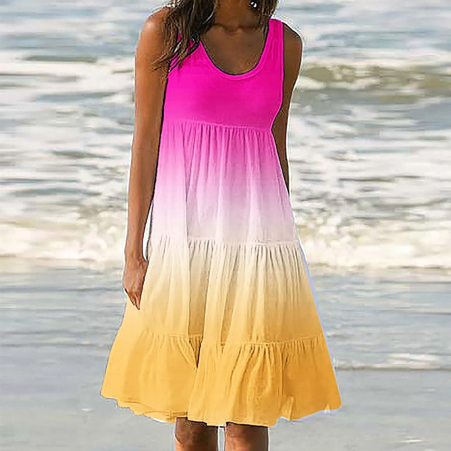 TANGNADE Women's Summer Sleeveless A-Line Midi Dresses Casual Trendy Dress Flowy Beach Sundress U Neck Tank Dresses