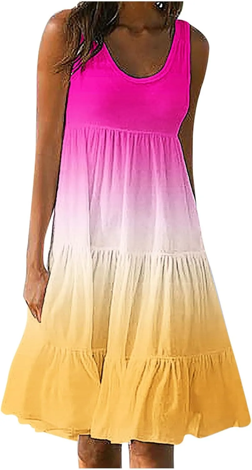 TANGNADE Women's Summer Sleeveless A-Line Midi Dresses Casual Trendy Dress Flowy Beach Sundress U Neck Tank Dresses