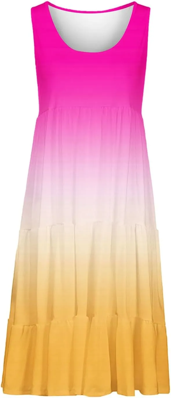 TANGNADE Women's Summer Sleeveless A-Line Midi Dresses Casual Trendy Dress Flowy Beach Sundress U Neck Tank Dresses