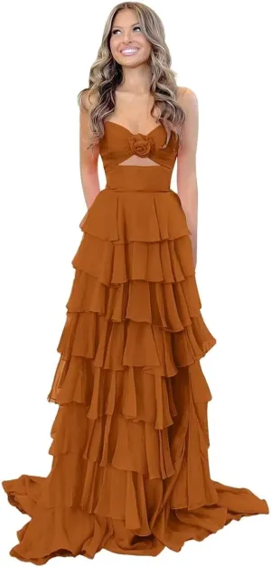 Tiered Chiffon Prom Dress Strapless Formal Dress 3D Flower Keyhole Evening Party Gowns with Slit