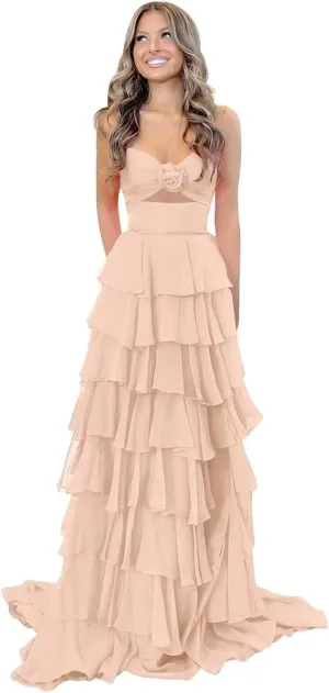 Tiered Chiffon Prom Dress Strapless Formal Dress 3D Flower Keyhole Evening Party Gowns with Slit