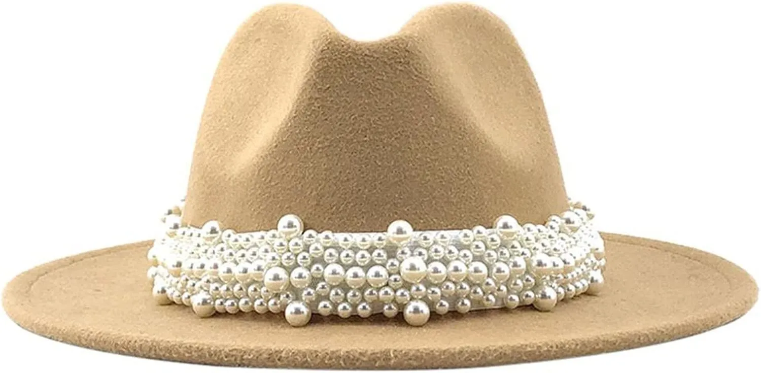 Trendy Hat Casual Men Women Pearled Wide Hat Cashmere Spring, Fall, Winter Travel Bowler Dress Hat