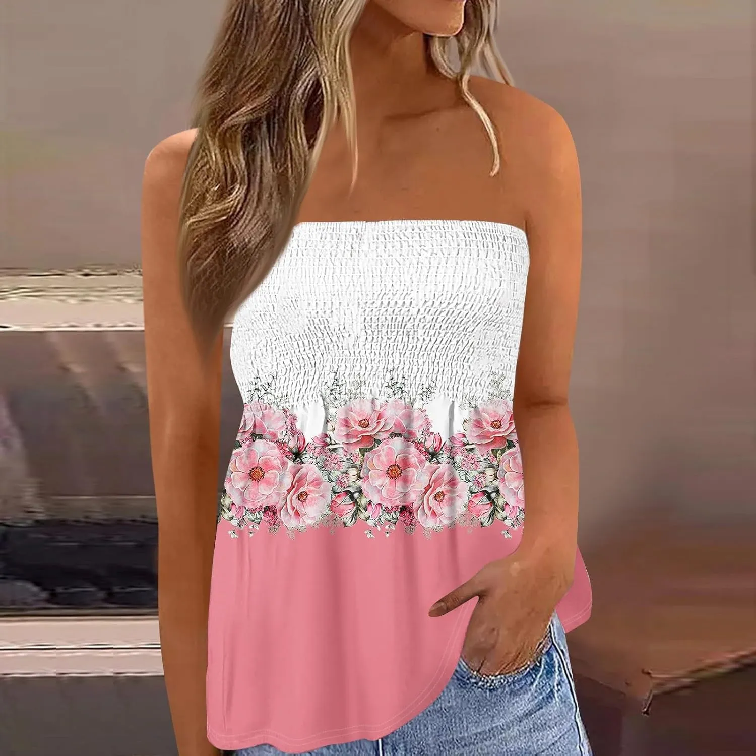 Tube Tops for Women Strapless Bandeau Smocked Tank Sexy Backless Slim Fit Shirts Sleeveless Casual Holiday Blouse