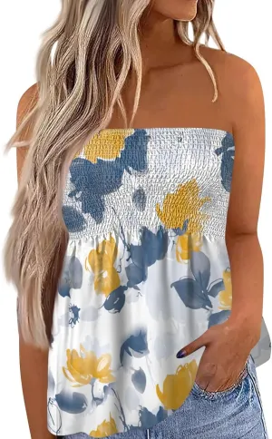 Tube Tops for Women Strapless Bandeau Smocked Tank Sexy Backless Slim Fit Shirts Sleeveless Casual Holiday Blouse