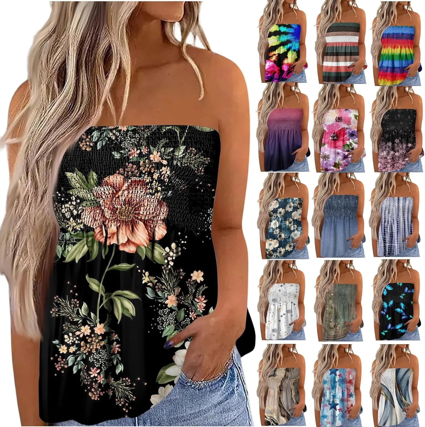 Tube Tops for Women Strapless Bandeau Smocked Tank Sexy Backless Slim Fit Shirts Sleeveless Casual Holiday Blouse