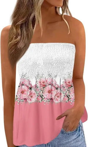 Tube Tops for Women Strapless Bandeau Smocked Tank Sexy Backless Slim Fit Shirts Sleeveless Casual Holiday Blouse
