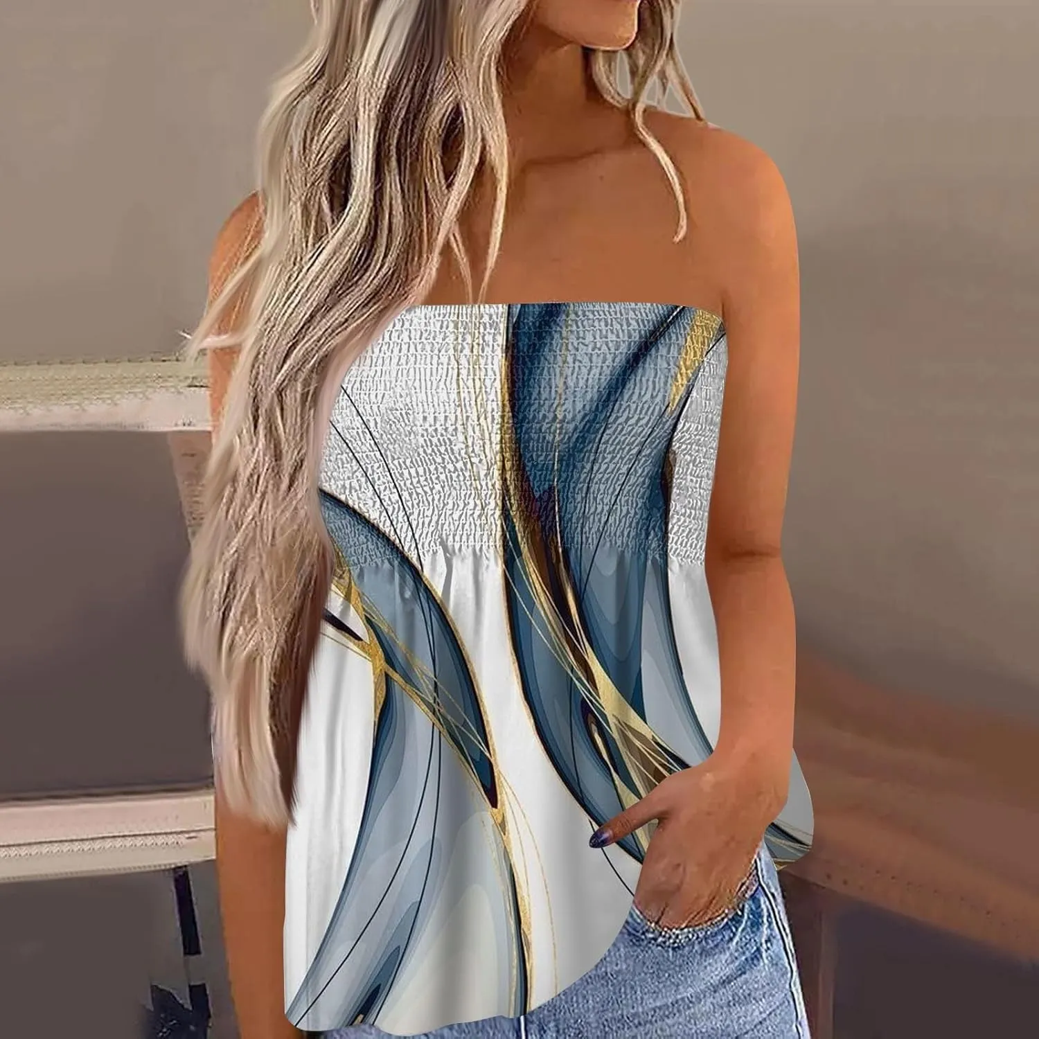 Tube Tops for Women Strapless Bandeau Smocked Tank Sexy Backless Slim Fit Shirts Sleeveless Casual Holiday Blouse