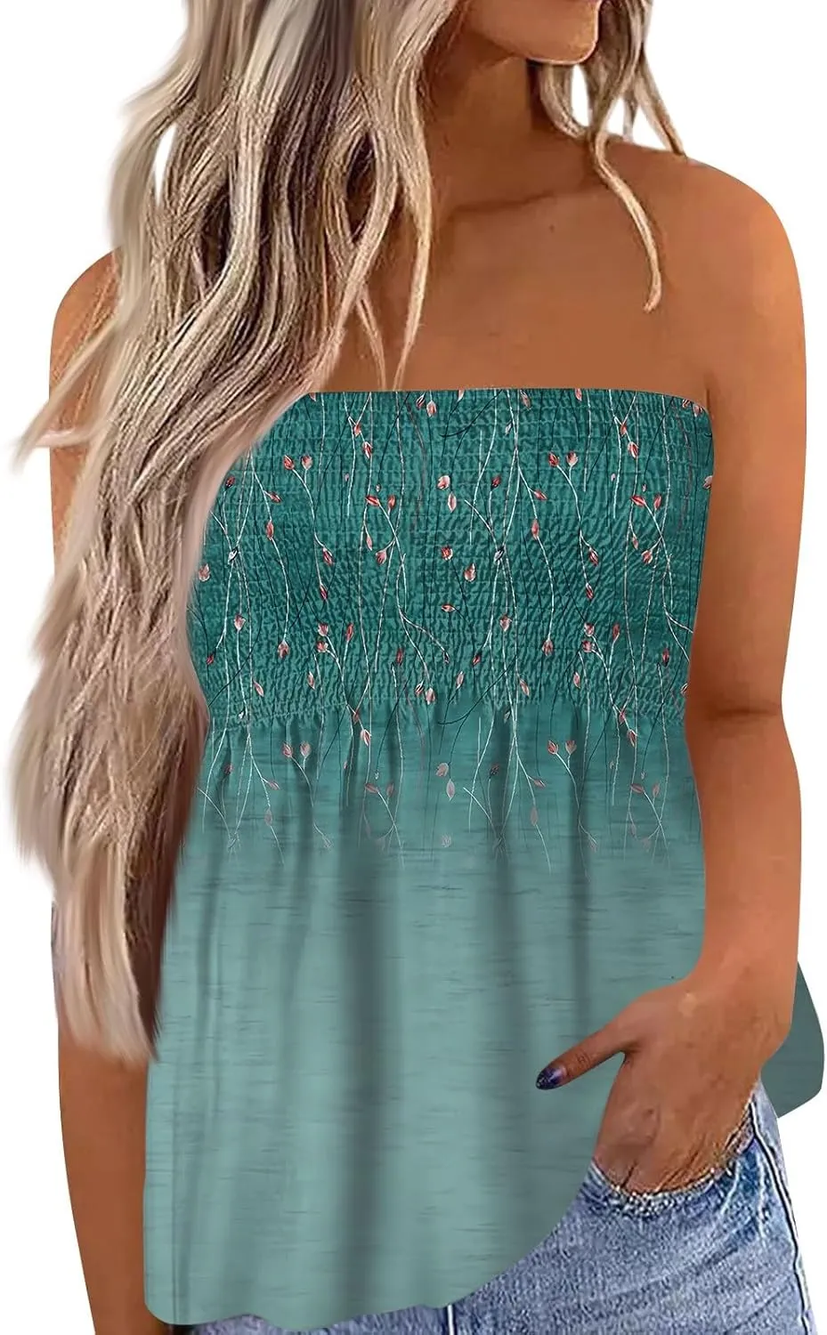 Tube Tops for Women Strapless Bandeau Smocked Tank Sexy Backless Slim Fit Shirts Sleeveless Casual Holiday Blouse
