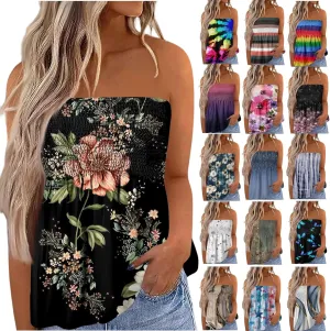 Tube Tops for Women Strapless Bandeau Smocked Tank Sexy Backless Slim Fit Shirts Sleeveless Casual Holiday Blouse