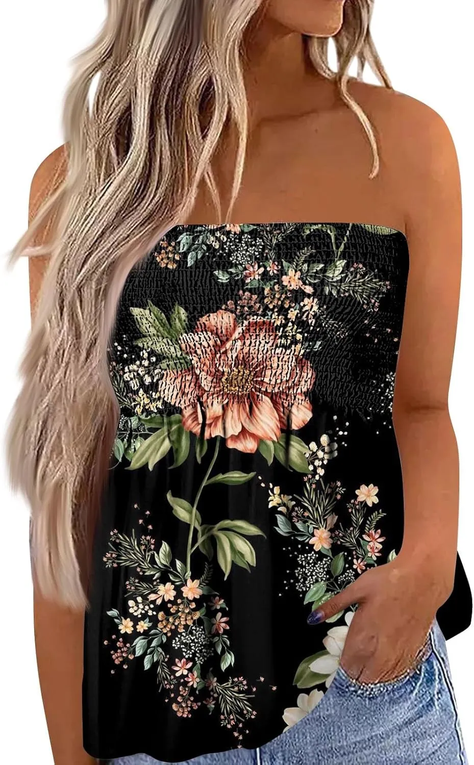 Tube Tops for Women Strapless Bandeau Smocked Tank Sexy Backless Slim Fit Shirts Sleeveless Casual Holiday Blouse
