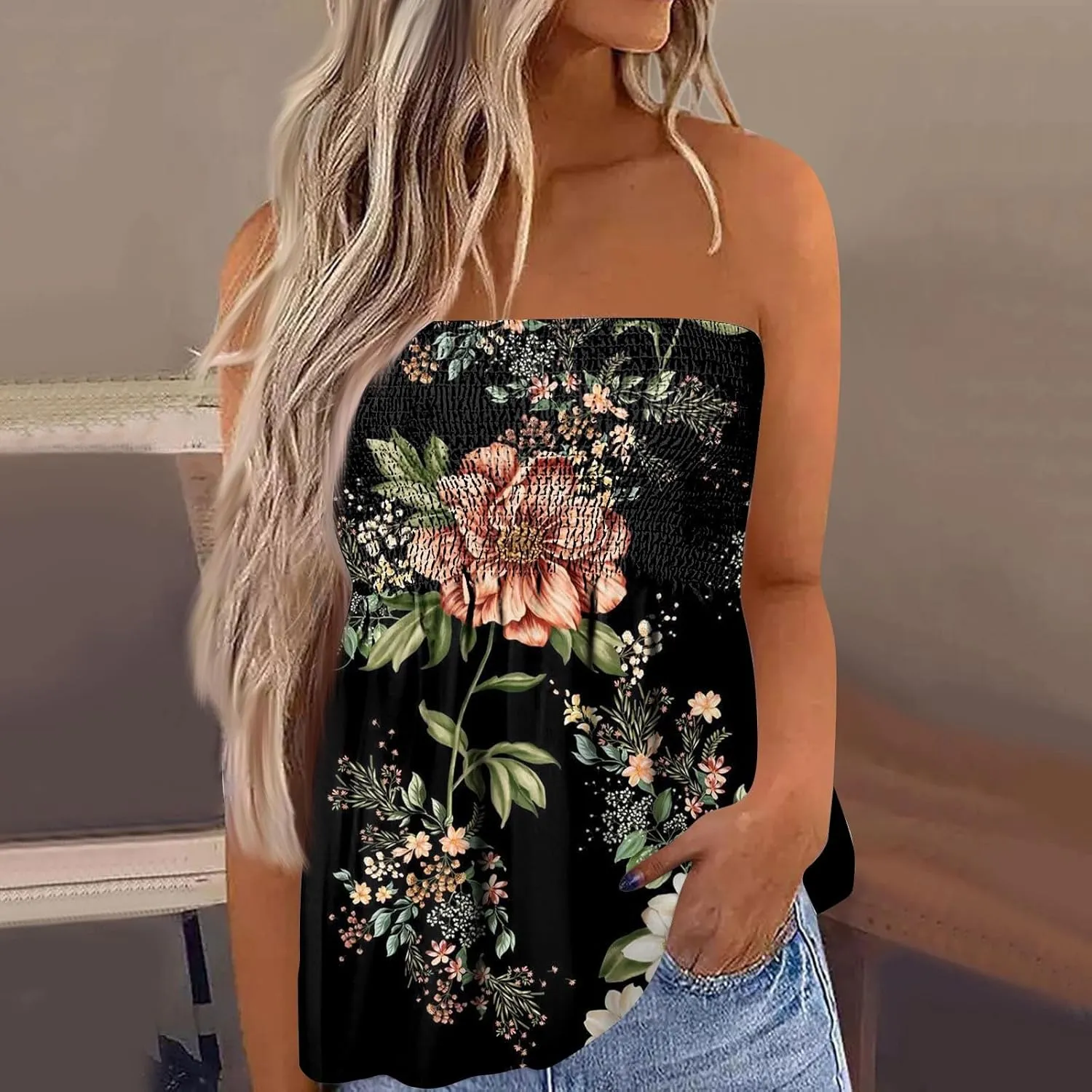 Tube Tops for Women Strapless Bandeau Smocked Tank Sexy Backless Slim Fit Shirts Sleeveless Casual Holiday Blouse