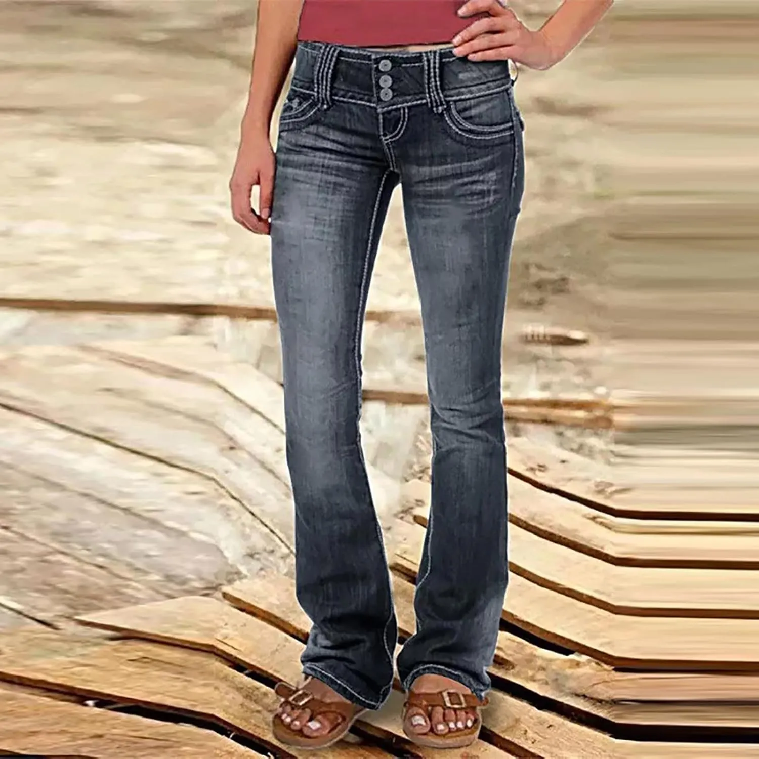 Uillui Micro Flare Jeans for Women Trendy Low Waist Ripped Hole Denim Pant Slim Fit Straight Leg Trouser Dressy Casual Jeans