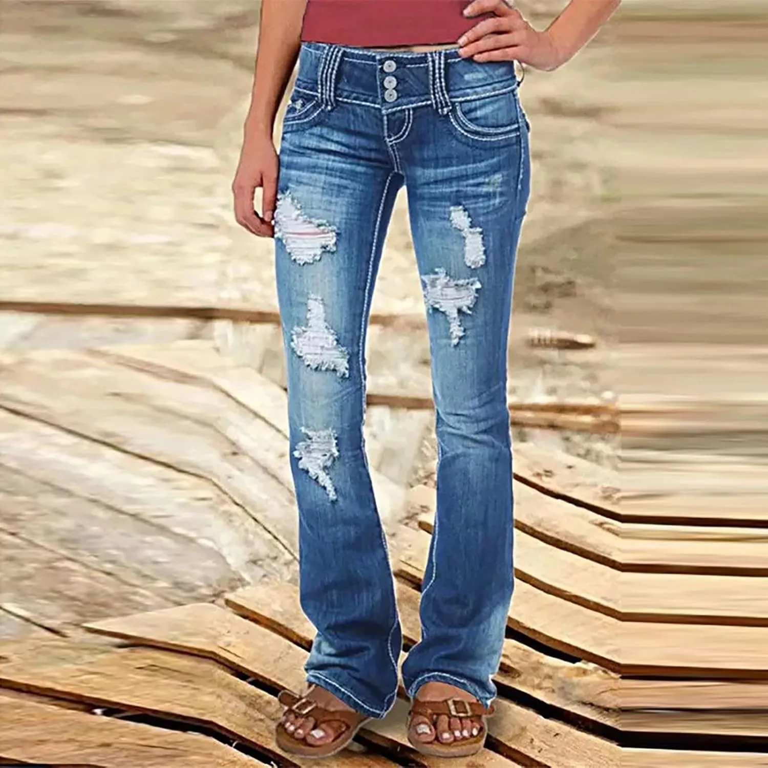 Uillui Micro Flare Jeans for Women Trendy Low Waist Ripped Hole Denim Pant Slim Fit Straight Leg Trouser Dressy Casual Jeans