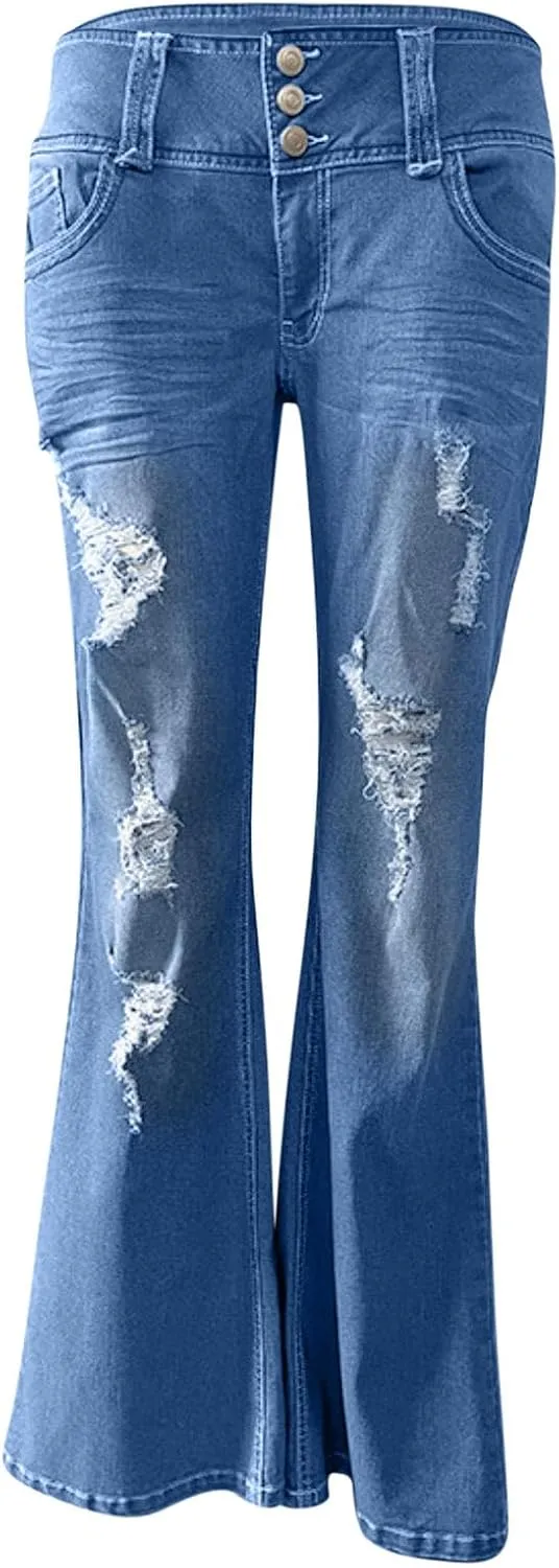 Uillui Micro Flare Jeans for Women Trendy Low Waist Ripped Hole Denim Pant Slim Fit Straight Leg Trouser Dressy Casual Jeans