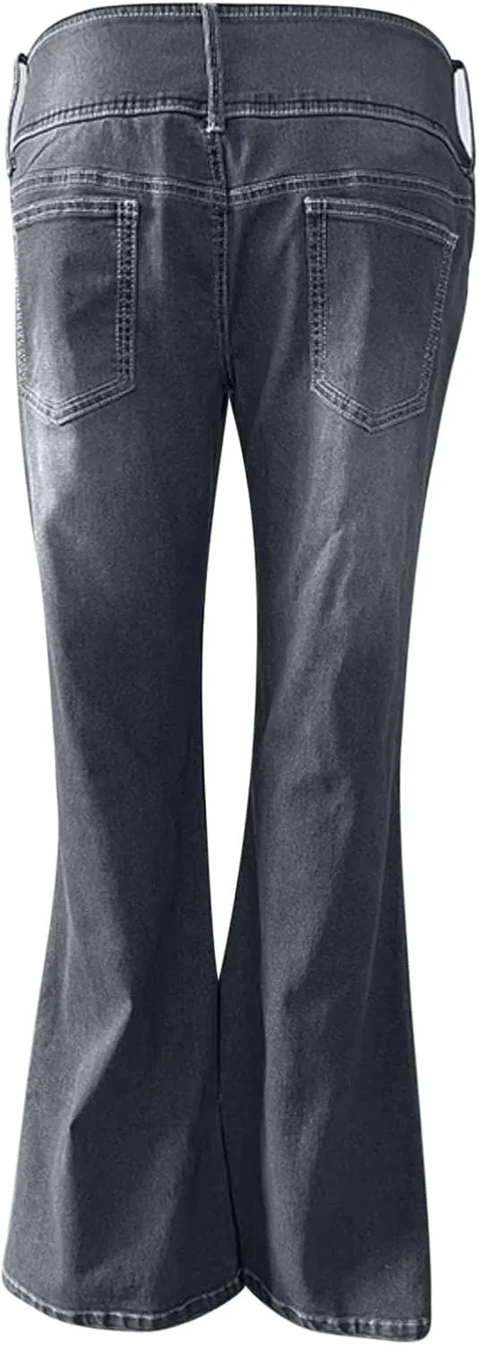 Uillui Micro Flare Jeans for Women Trendy Low Waist Ripped Hole Denim Pant Slim Fit Straight Leg Trouser Dressy Casual Jeans