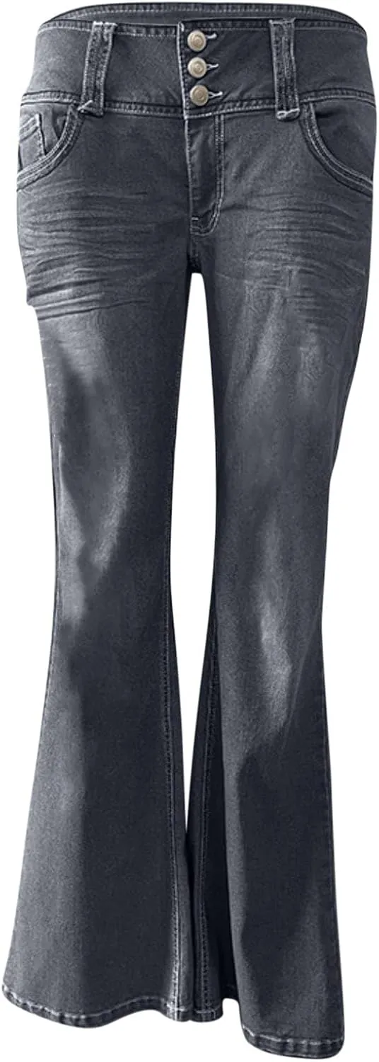 Uillui Micro Flare Jeans for Women Trendy Low Waist Ripped Hole Denim Pant Slim Fit Straight Leg Trouser Dressy Casual Jeans