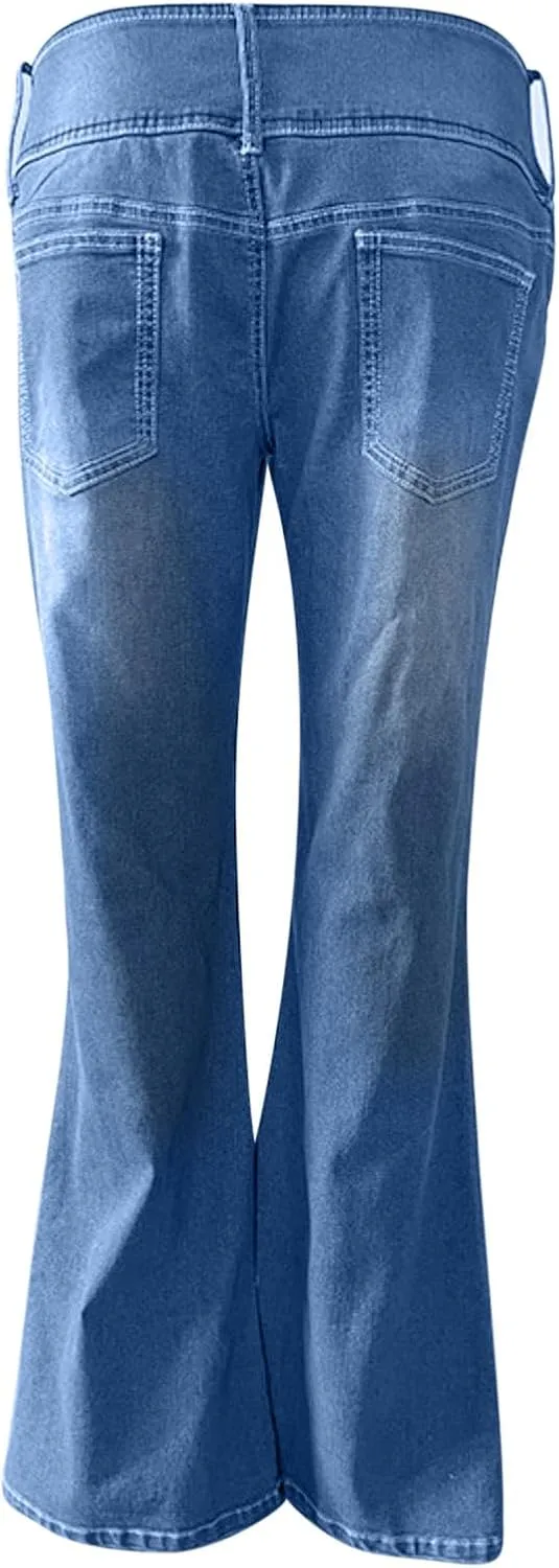 Uillui Micro Flare Jeans for Women Trendy Low Waist Ripped Hole Denim Pant Slim Fit Straight Leg Trouser Dressy Casual Jeans