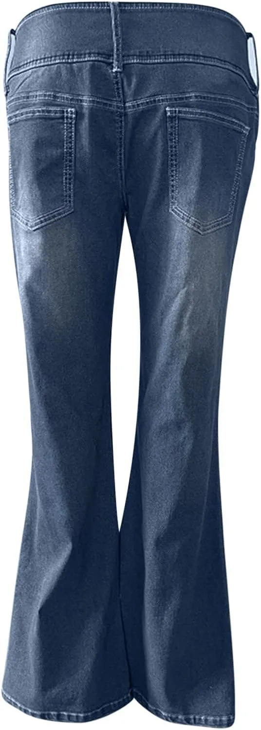 Uillui Micro Flare Jeans for Women Trendy Low Waist Ripped Hole Denim Pant Slim Fit Straight Leg Trouser Dressy Casual Jeans