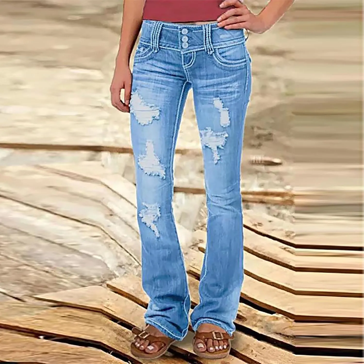 Uillui Micro Flare Jeans for Women Trendy Low Waist Ripped Hole Denim Pant Slim Fit Straight Leg Trouser Dressy Casual Jeans