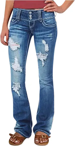 Uillui Micro Flare Jeans for Women Trendy Low Waist Ripped Hole Denim Pant Slim Fit Straight Leg Trouser Dressy Casual Jeans