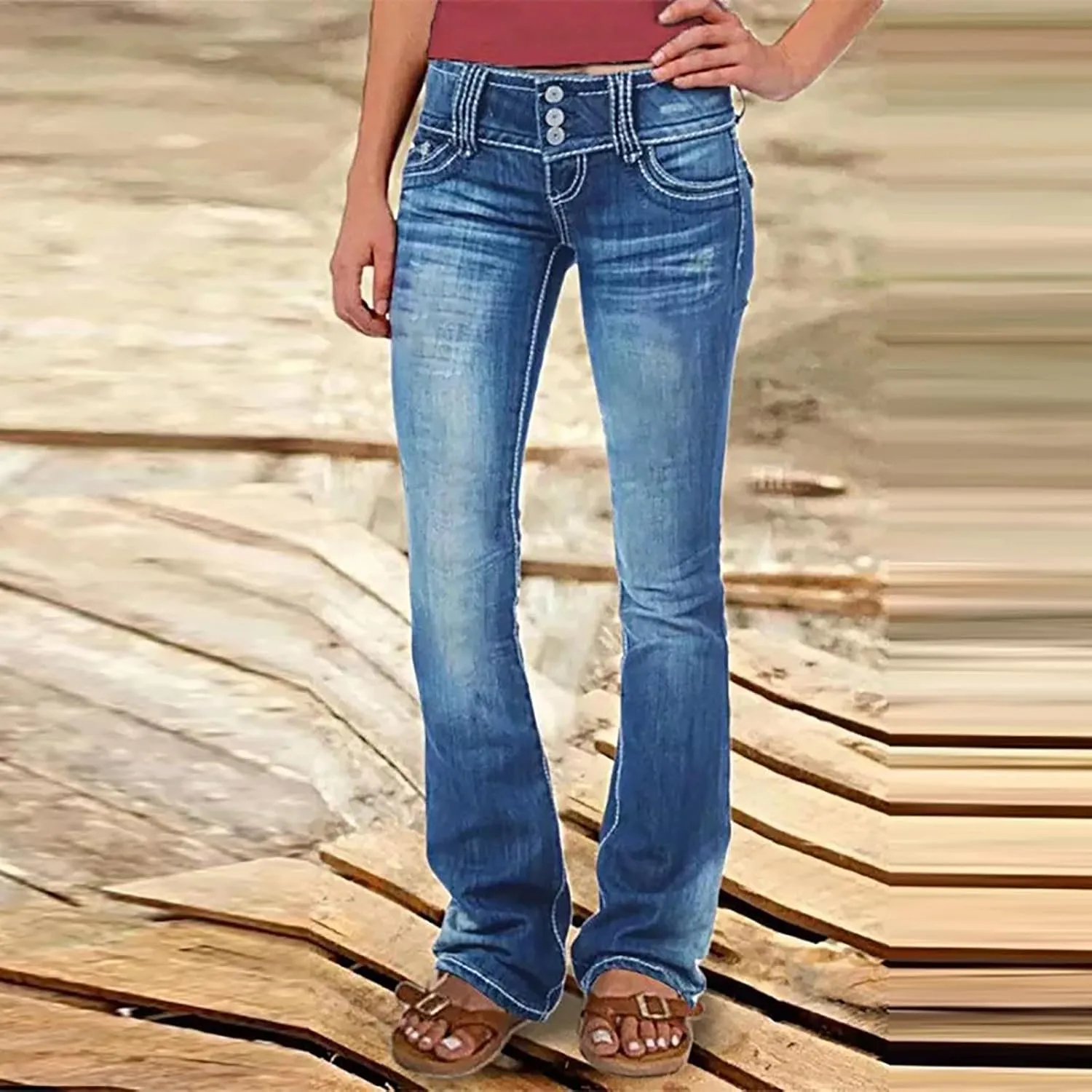 Uillui Micro Flare Jeans for Women Trendy Low Waist Ripped Hole Denim Pant Slim Fit Straight Leg Trouser Dressy Casual Jeans
