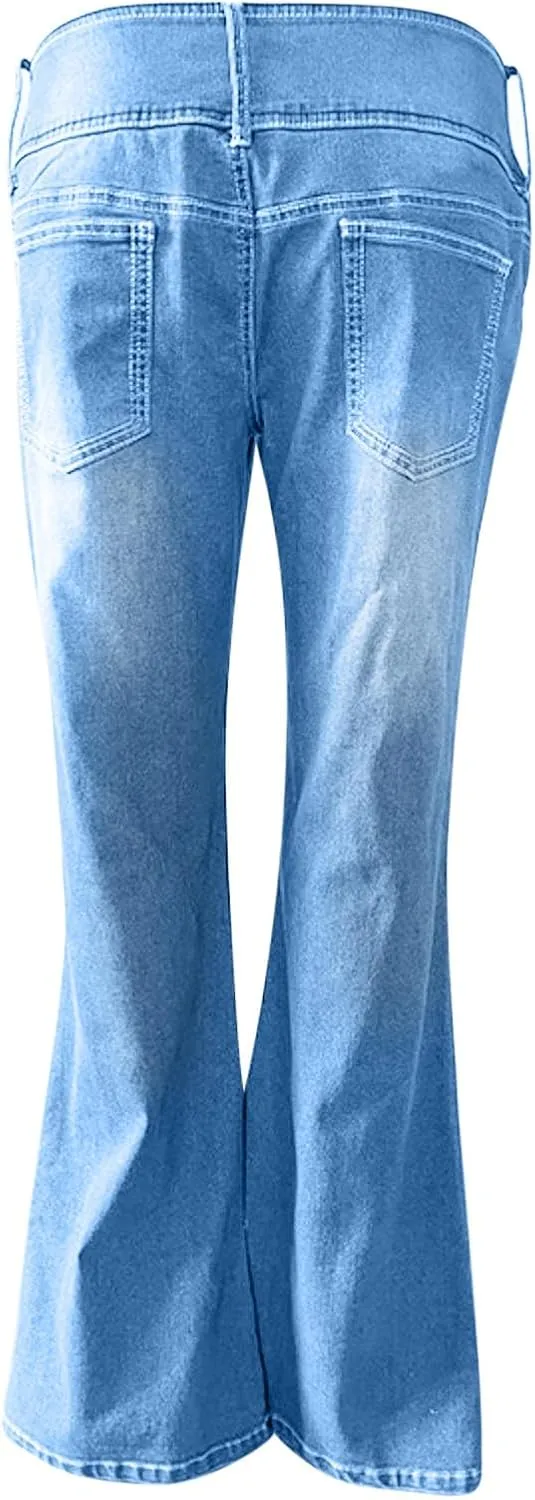 Uillui Micro Flare Jeans for Women Trendy Low Waist Ripped Hole Denim Pant Slim Fit Straight Leg Trouser Dressy Casual Jeans