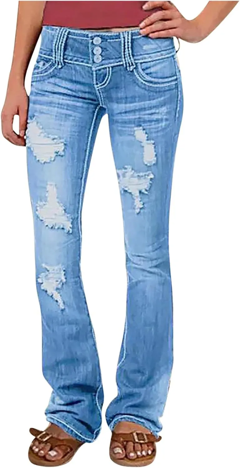 Uillui Micro Flare Jeans for Women Trendy Low Waist Ripped Hole Denim Pant Slim Fit Straight Leg Trouser Dressy Casual Jeans