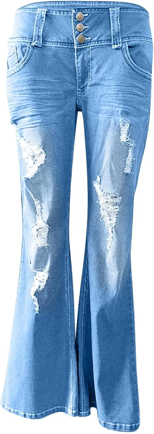 Uillui Micro Flare Jeans for Women Trendy Low Waist Ripped Hole Denim Pant Slim Fit Straight Leg Trouser Dressy Casual Jeans