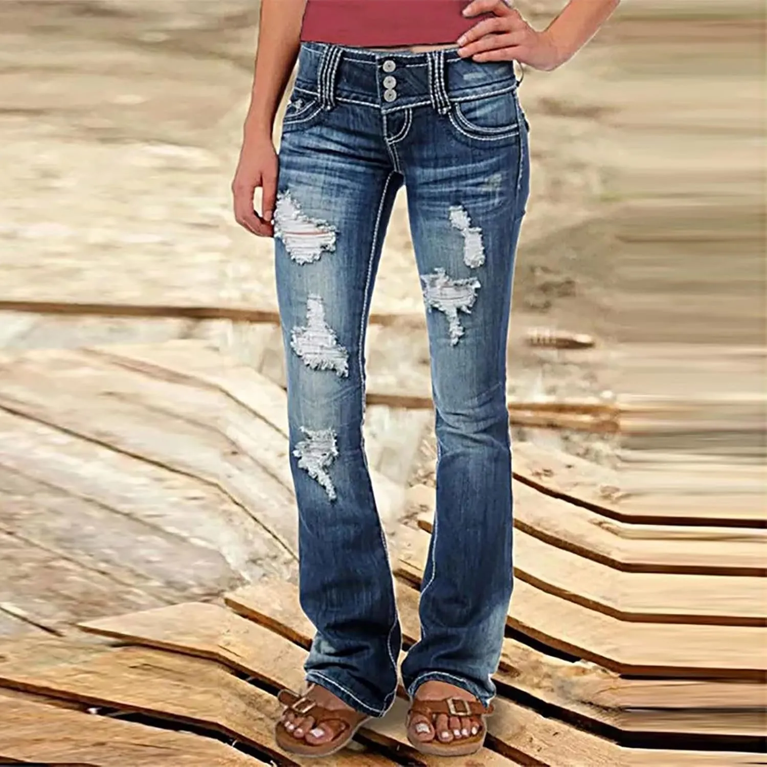 Uillui Micro Flare Jeans for Women Trendy Low Waist Ripped Hole Denim Pant Slim Fit Straight Leg Trouser Dressy Casual Jeans