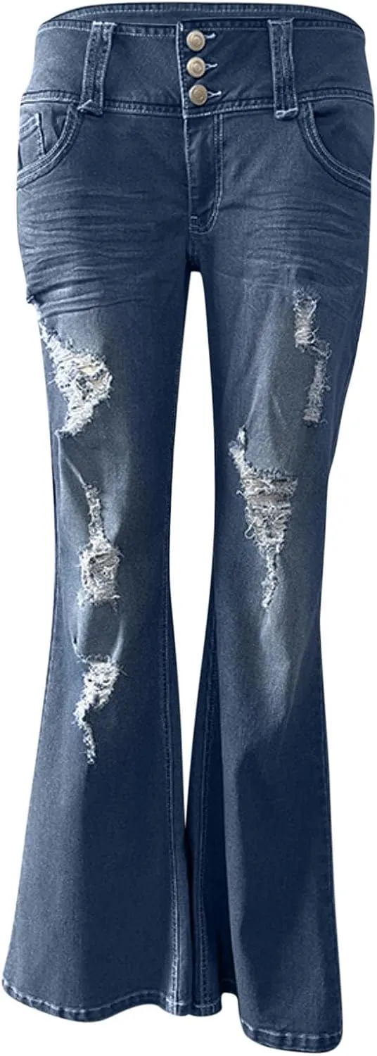 Uillui Micro Flare Jeans for Women Trendy Low Waist Ripped Hole Denim Pant Slim Fit Straight Leg Trouser Dressy Casual Jeans