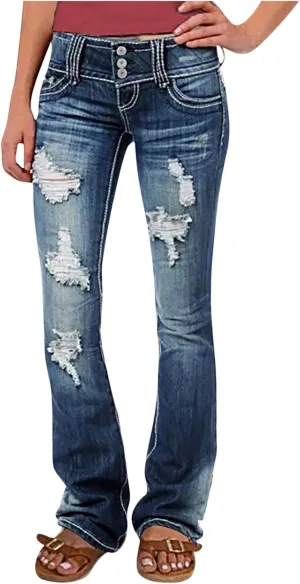 Uillui Micro Flare Jeans for Women Trendy Low Waist Ripped Hole Denim Pant Slim Fit Straight Leg Trouser Dressy Casual Jeans