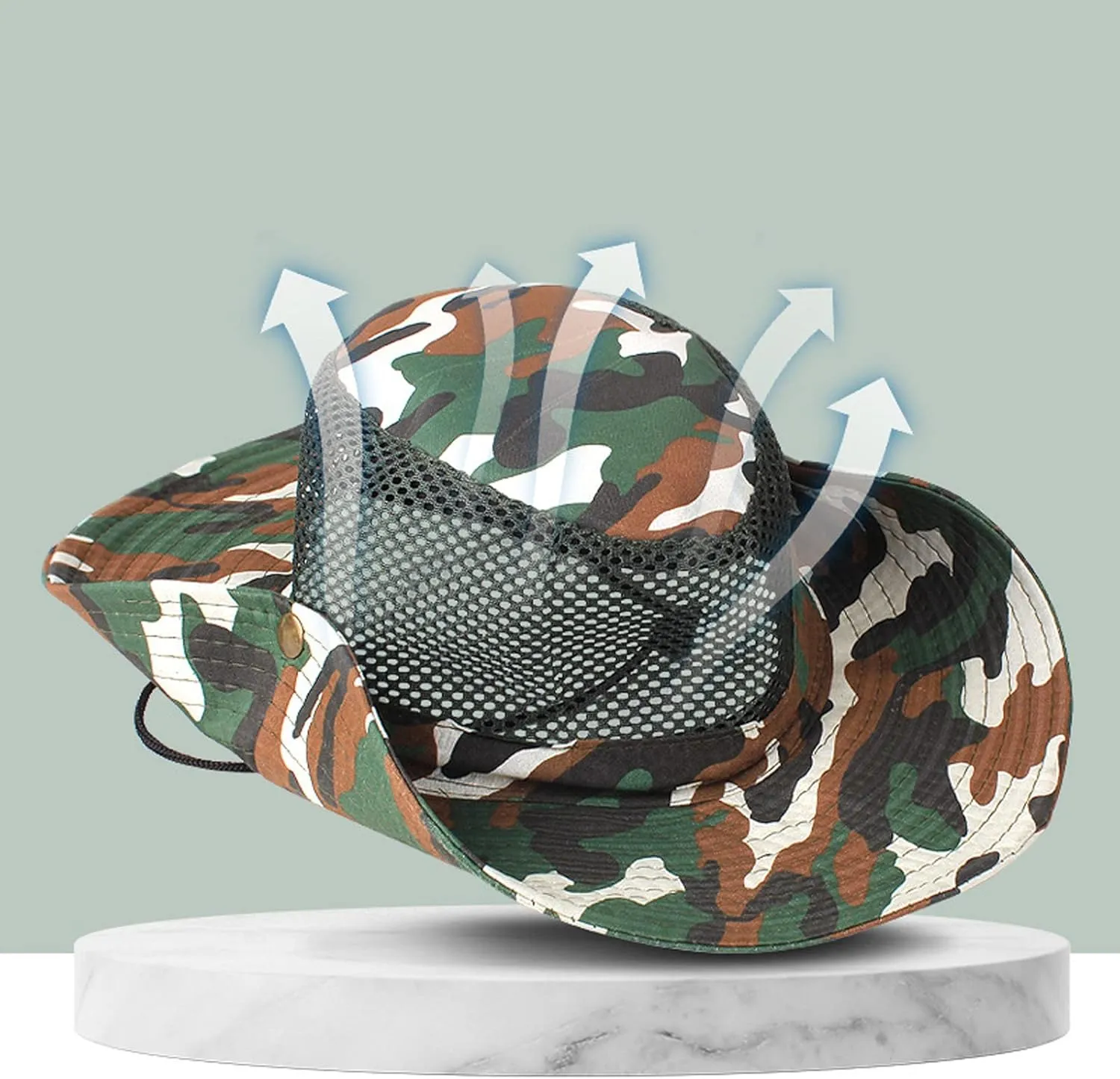 Unisex Mesh Camouflage Sun Hat Wide Brim Hat Panama Fedora Drawstring Foldable Lightweight Fishing Hat Retro Travel