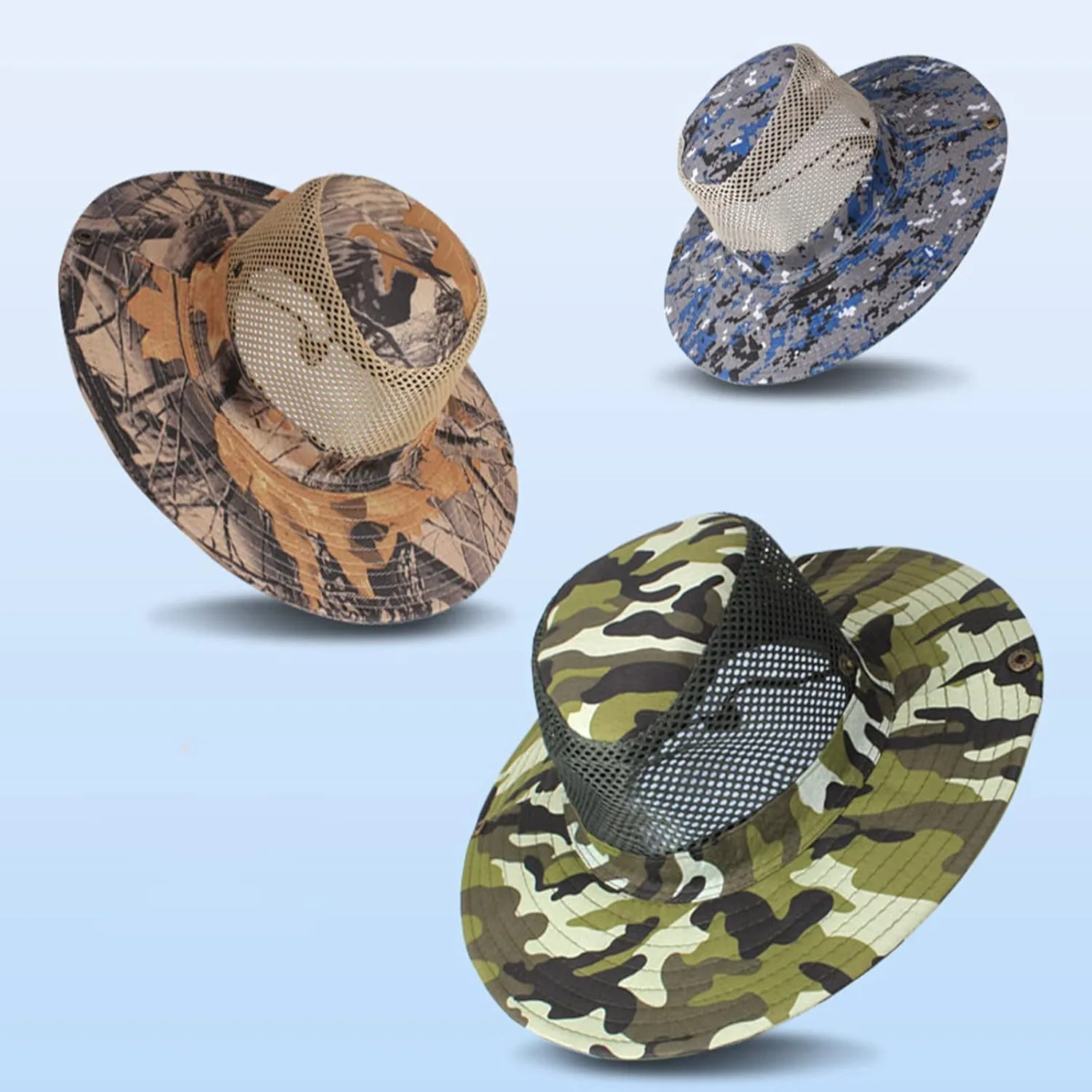 Unisex Mesh Camouflage Sun Hat Wide Brim Hat Panama Fedora Drawstring Foldable Lightweight Fishing Hat Retro Travel