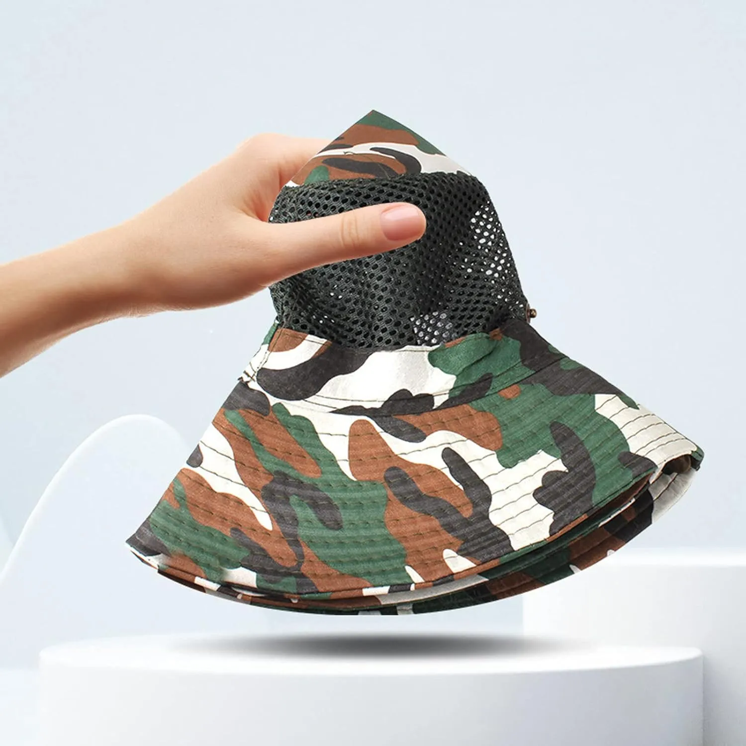 Unisex Mesh Camouflage Sun Hat Wide Brim Hat Panama Fedora Drawstring Foldable Lightweight Fishing Hat Retro Travel