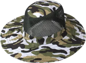 Unisex Mesh Camouflage Sun Hat Wide Brim Hat Panama Fedora Drawstring Foldable Lightweight Fishing Hat Retro Travel