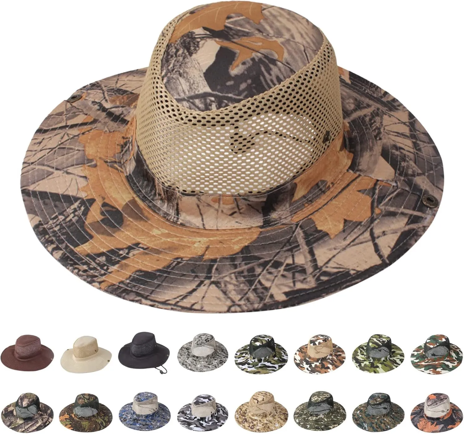 Unisex Mesh Camouflage Sun Hat Wide Brim Hat Panama Fedora Drawstring Foldable Lightweight Fishing Hat Retro Travel