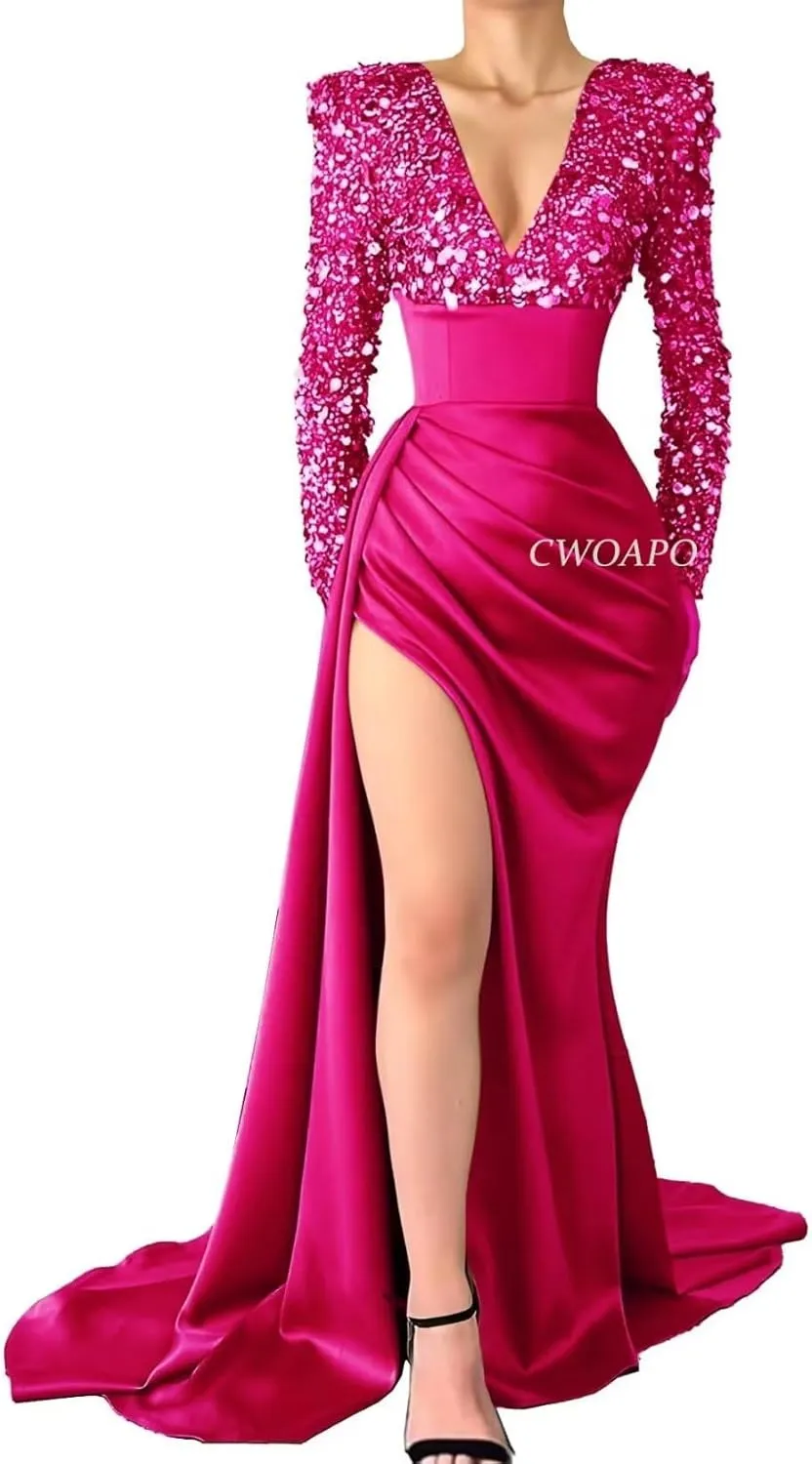 V Neck Sequin Long Sleeve Prom Dresses Satin Mermaid Evening Gowns for Women Formal Wedding Party Gala Dress with Slit